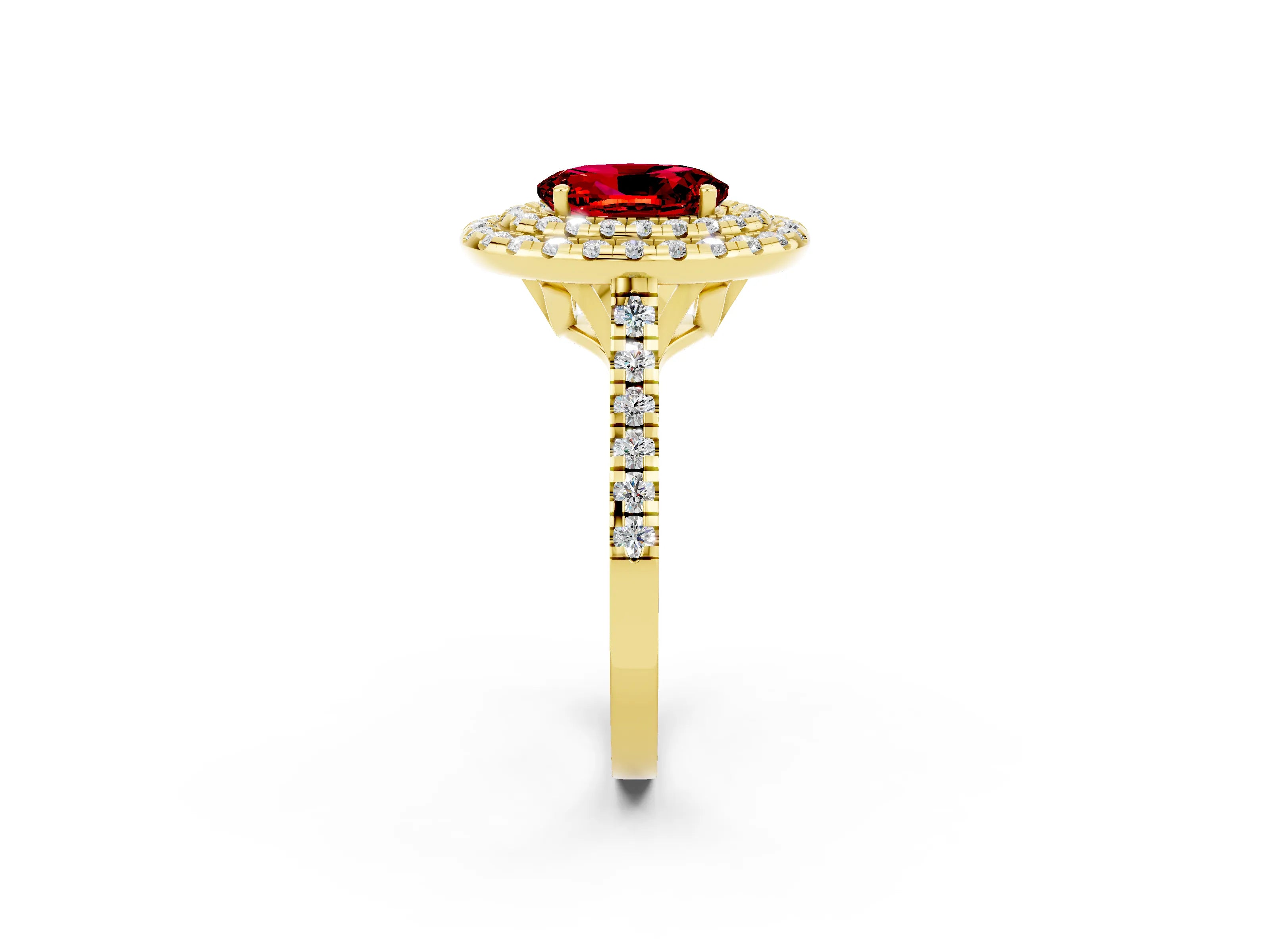 Yellow gold Double Halo Oval Cut Ruby Pavé Band with Four-Prong Setting_2