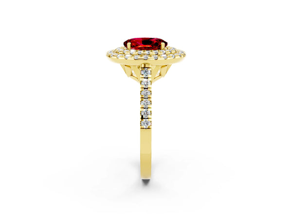 Yellow gold Double Halo Oval Cut Ruby Pavé Band with Four-Prong Setting