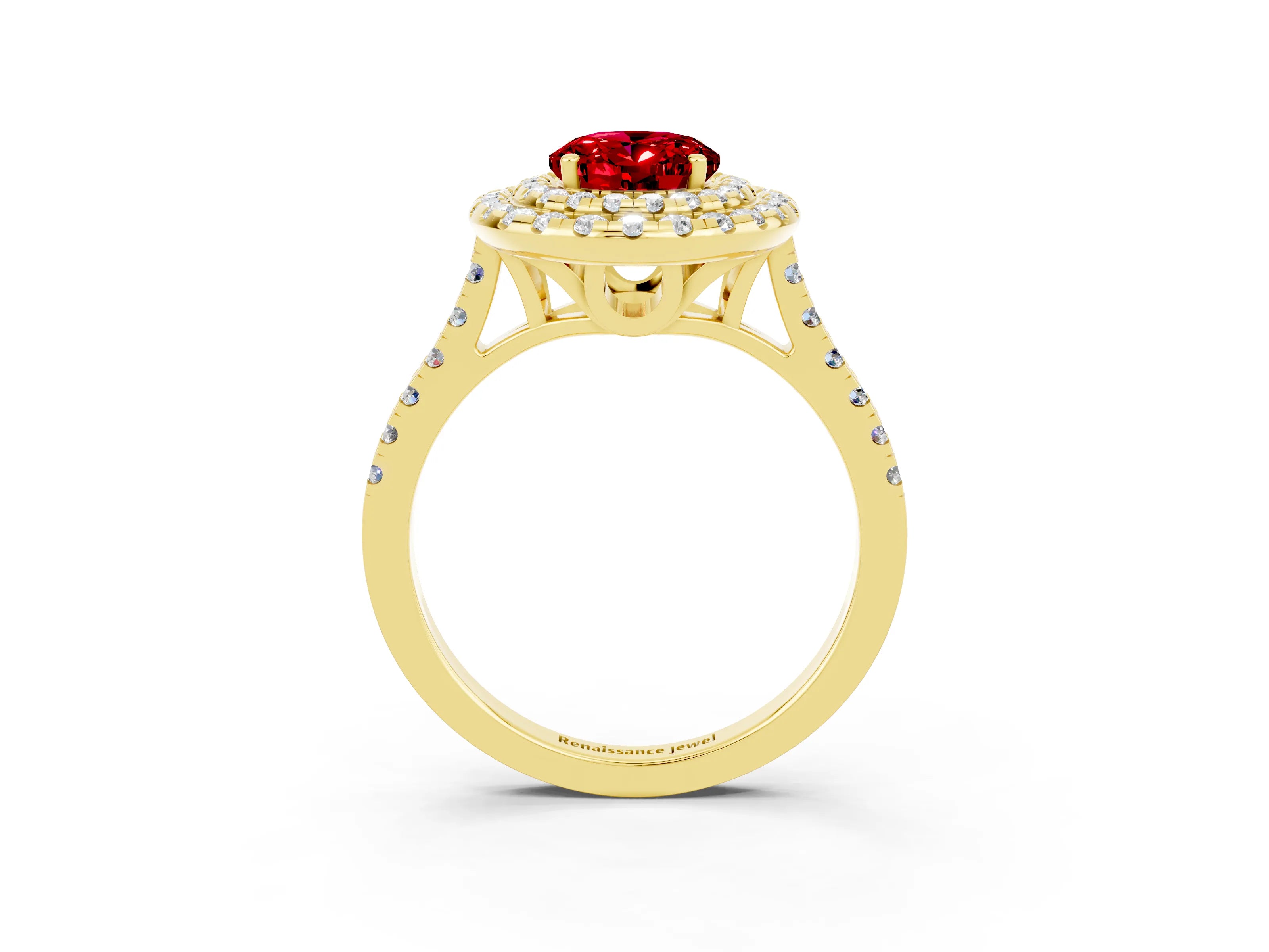 Yellow gold Double Halo Oval Cut Ruby Pavé Band with Four-Prong Setting_3