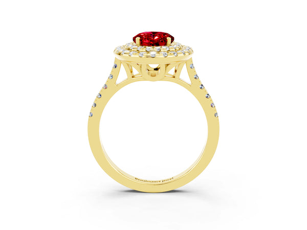 Yellow gold Double Halo Oval Cut Ruby Pavé Band with Four-Prong Setting