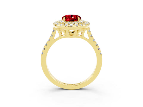 Yellow gold Double Halo Oval Cut Ruby Pavé Band with Four-Prong Setting_3