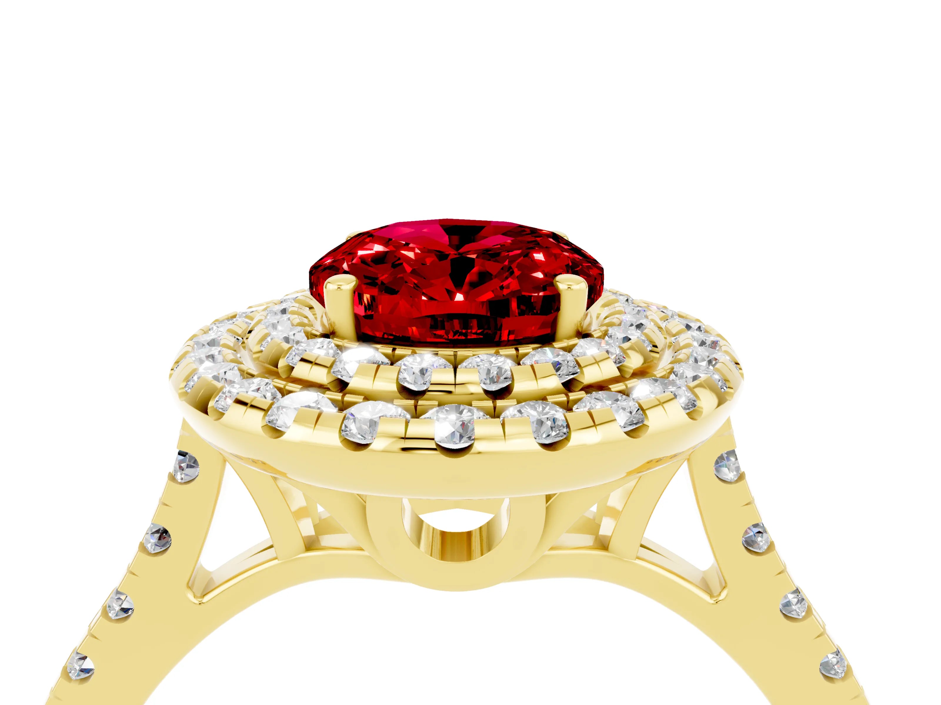 Yellow gold Double Halo Oval Cut Ruby Pavé Band with Four-Prong Setting_4