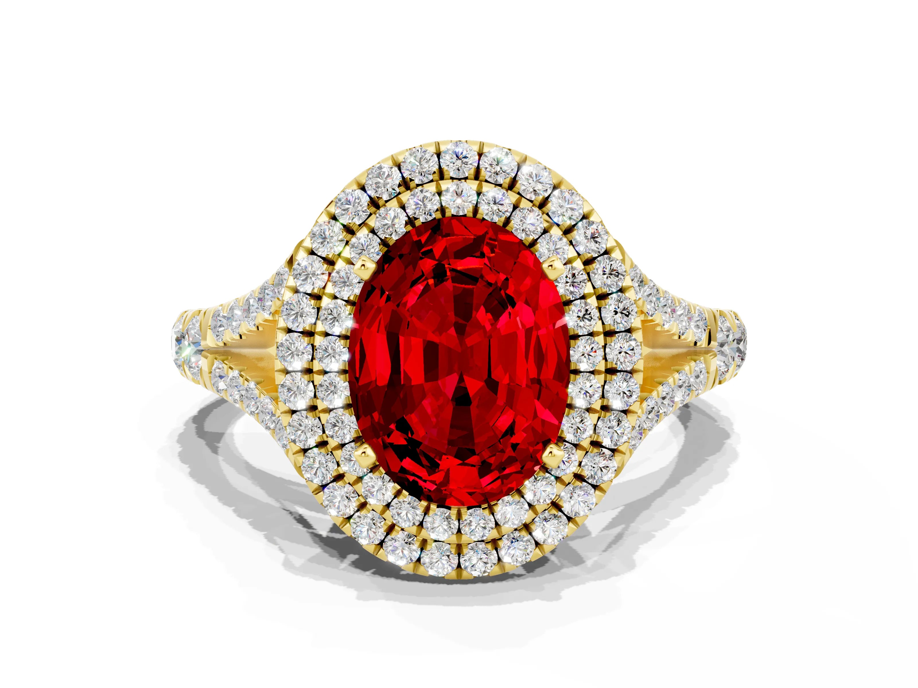 Yellow gold Double Halo Oval Cut Ruby Pavé Split Shank Ring with Prong Setting