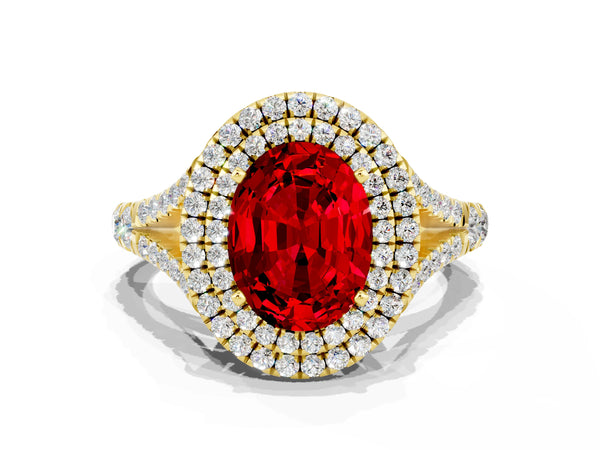 Yellow gold Double Halo Oval Cut Ruby Pavé Split Shank Ring with Prong Setting