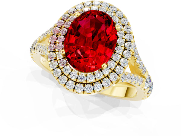 Yellow gold Double Halo Oval Cut Ruby Pavé Split Shank Ring with Prong Setting