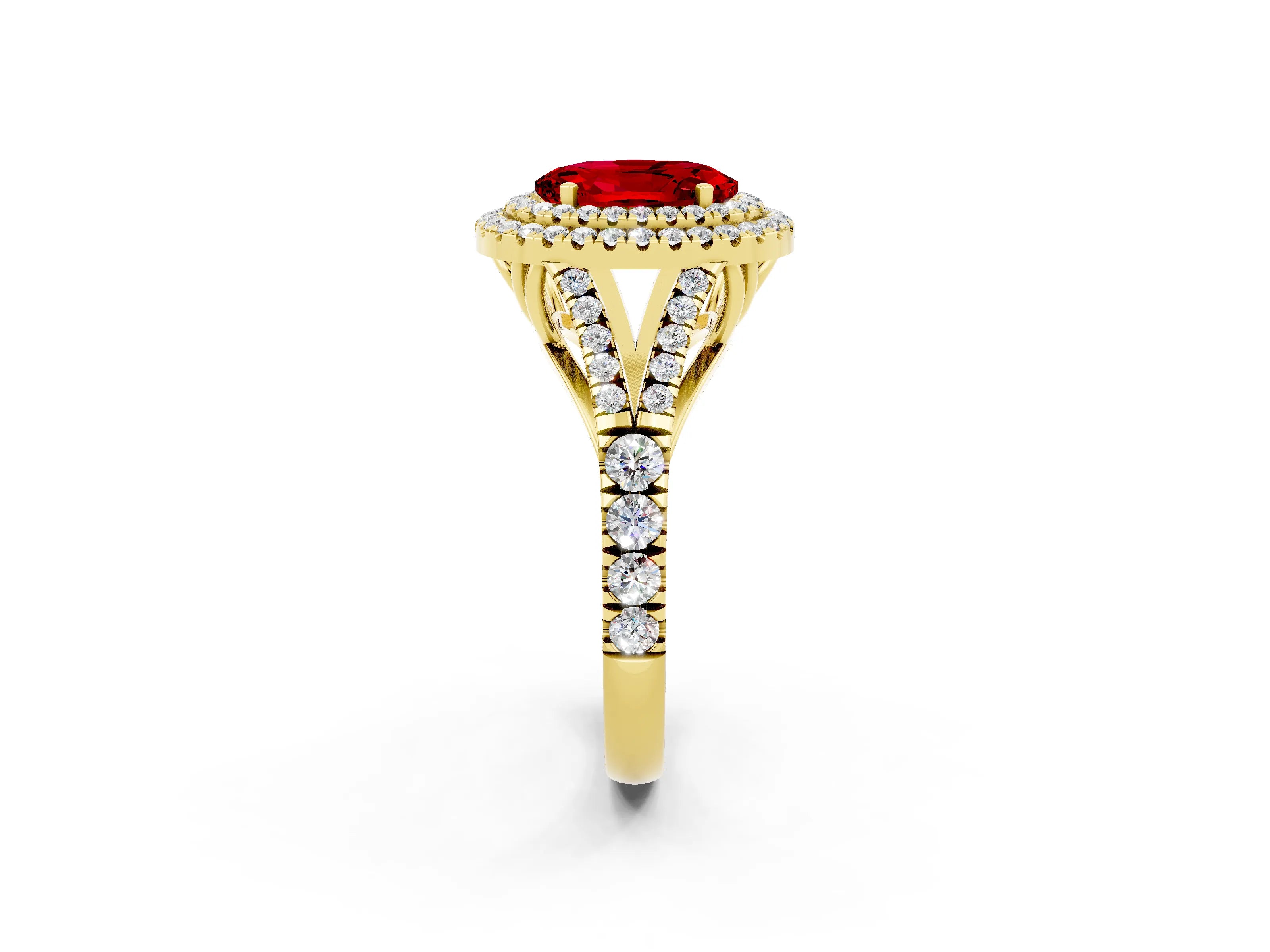Yellow gold Double Halo Oval Cut Ruby Pavé Split Shank Ring with Prong Setting_2