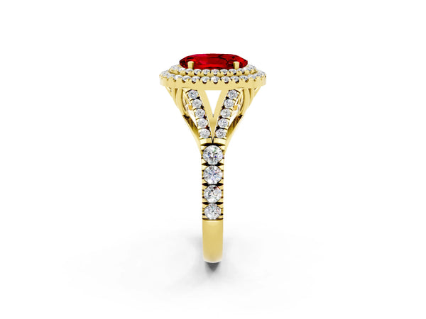 Yellow gold Double Halo Oval Cut Ruby Pavé Split Shank Ring with Prong Setting