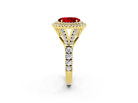 Yellow gold Double Halo Oval Cut Ruby Pavé Split Shank Ring with Prong Setting_2