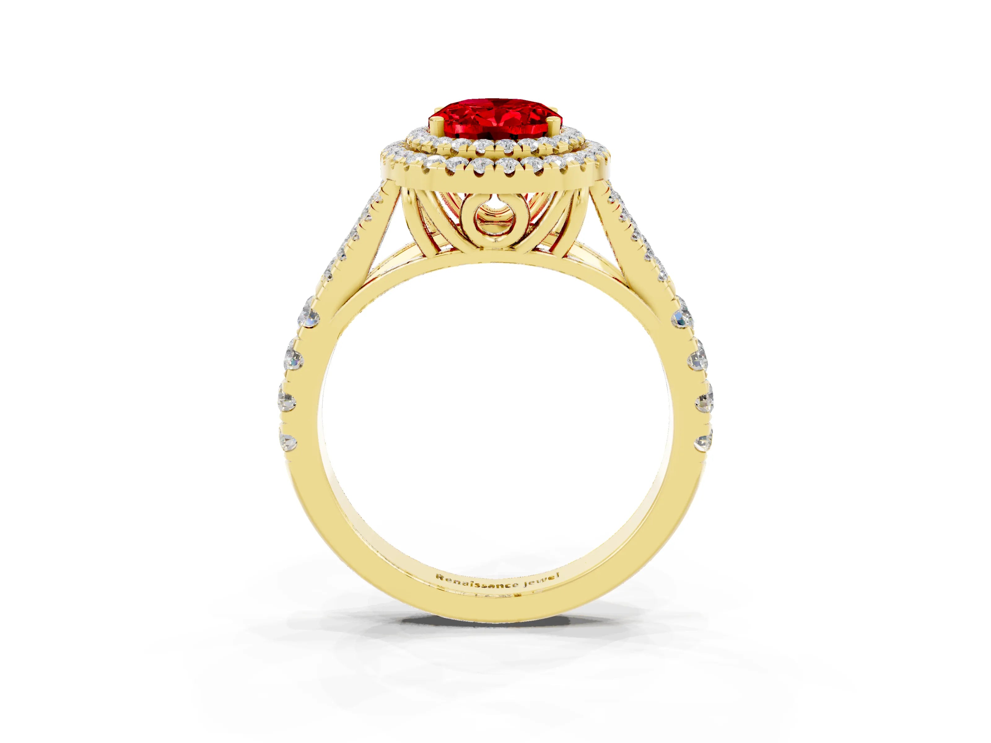 Yellow gold Double Halo Oval Cut Ruby Pavé Split Shank Ring with Prong Setting_3