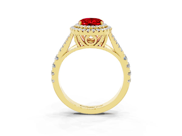 Yellow gold Double Halo Oval Cut Ruby Pavé Split Shank Ring with Prong Setting