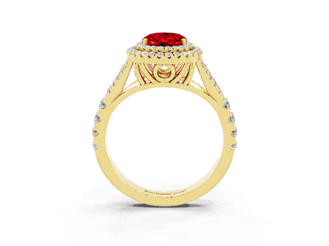 Yellow gold Double Halo Oval Cut Ruby Pavé Split Shank Ring with Prong Setting_3