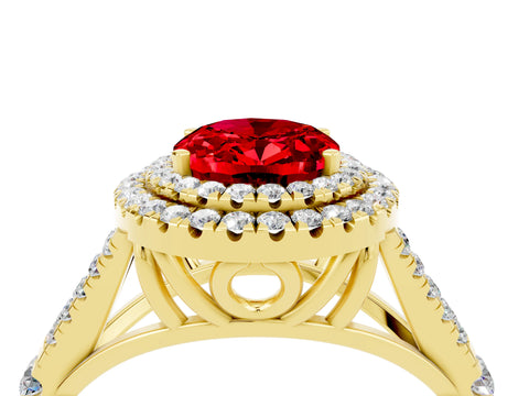 Yellow gold Double Halo Oval Cut Ruby Pavé Split Shank Ring with Prong Setting_4