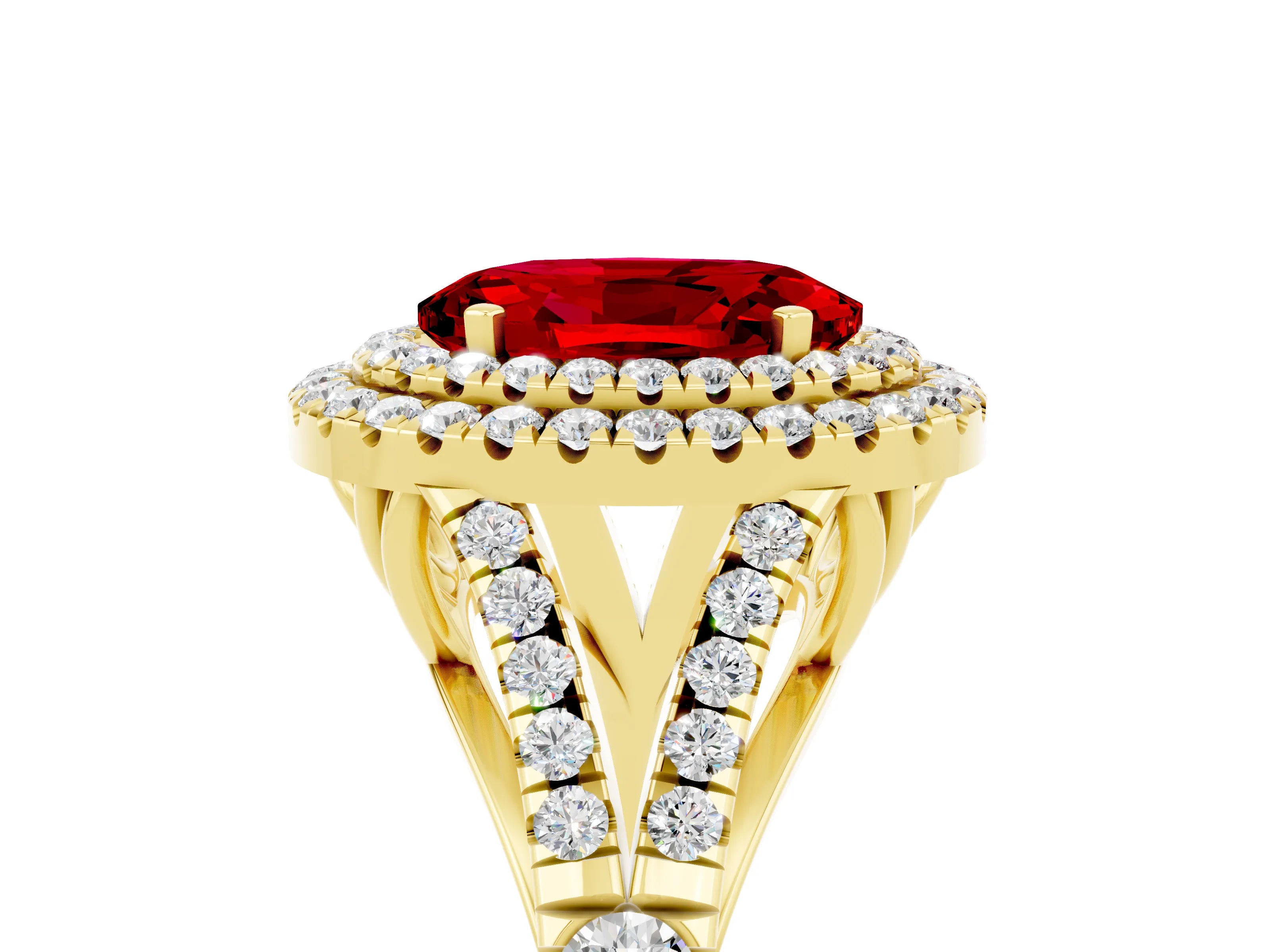 Yellow gold Double Halo Oval Cut Ruby Pavé Split Shank Ring with Prong Setting_5