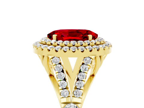 Yellow gold Double Halo Oval Cut Ruby Pavé Split Shank Ring with Prong Setting_5