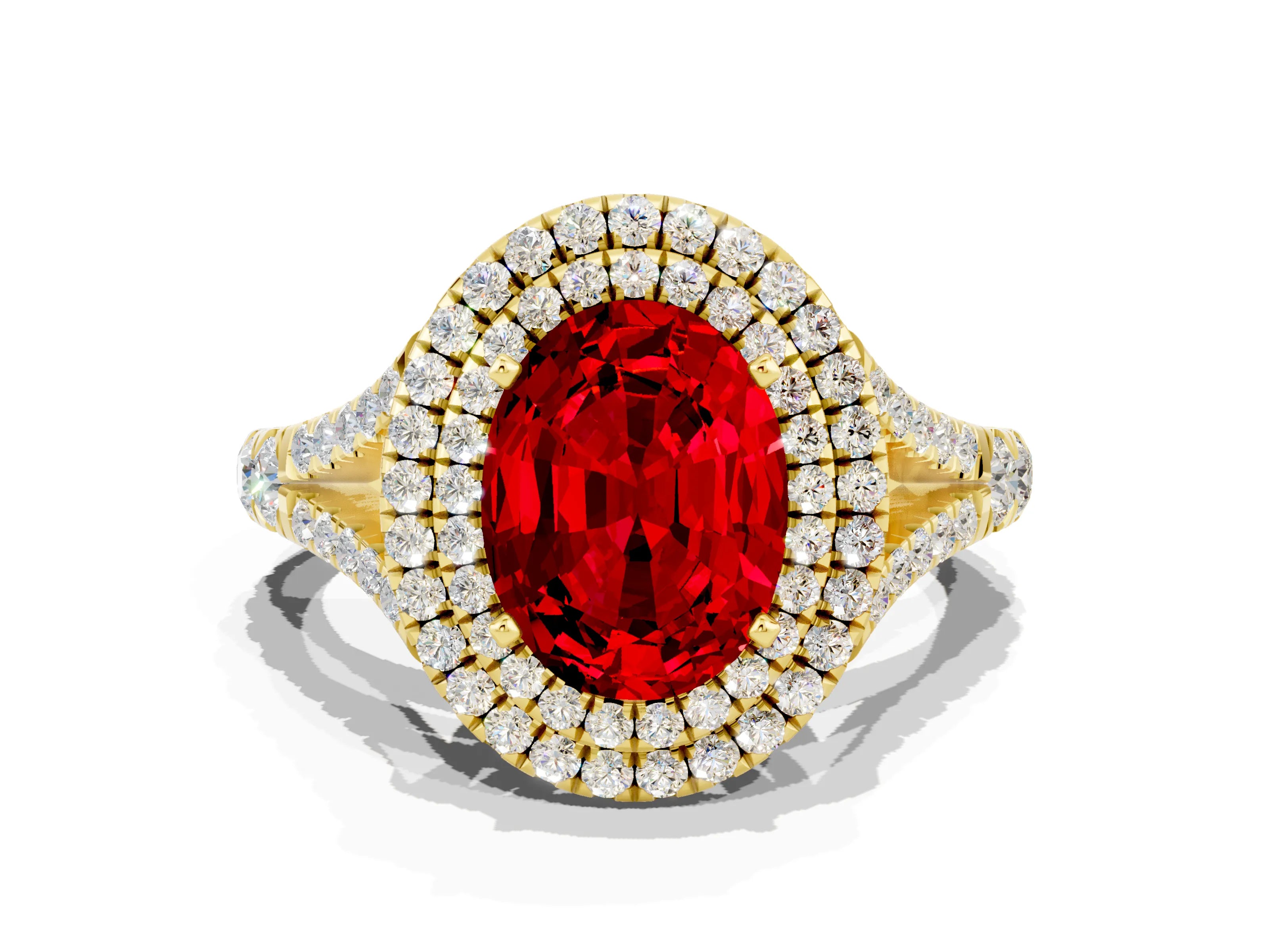 Yellow gold Double Halo Oval Cut Ruby Split Shank Engagement Ring with Four-Prong Setting