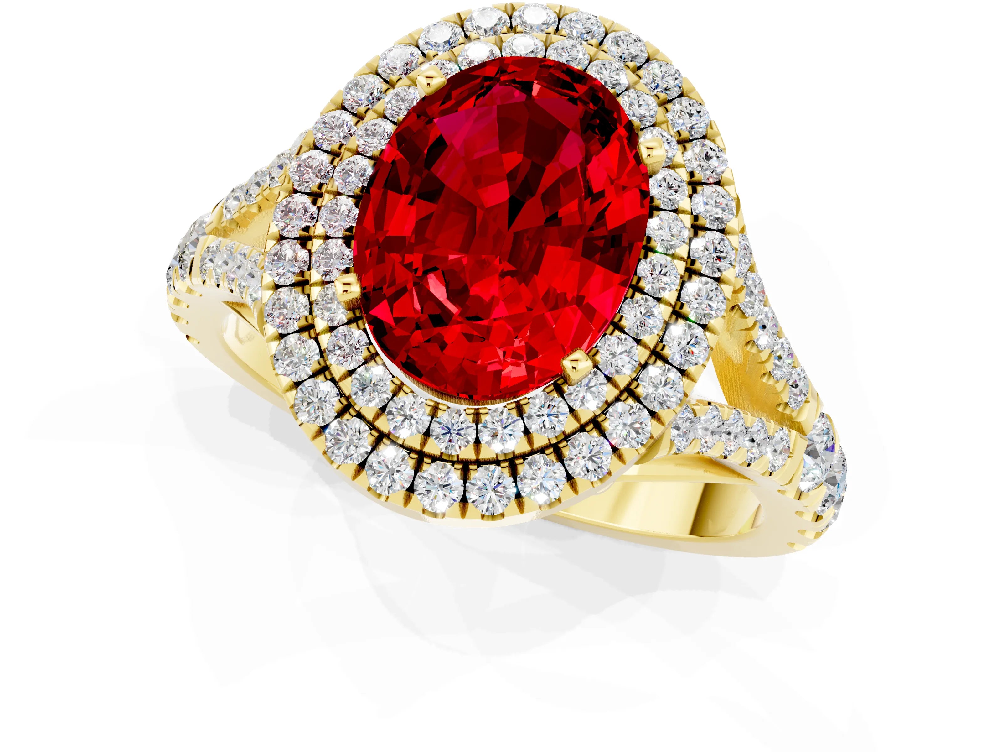 Yellow gold Double Halo Oval Cut Ruby Split Shank Engagement Ring with Four-Prong Setting_1
