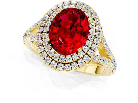 Yellow gold Double Halo Oval Cut Ruby Split Shank Engagement Ring with Four-Prong Setting_1