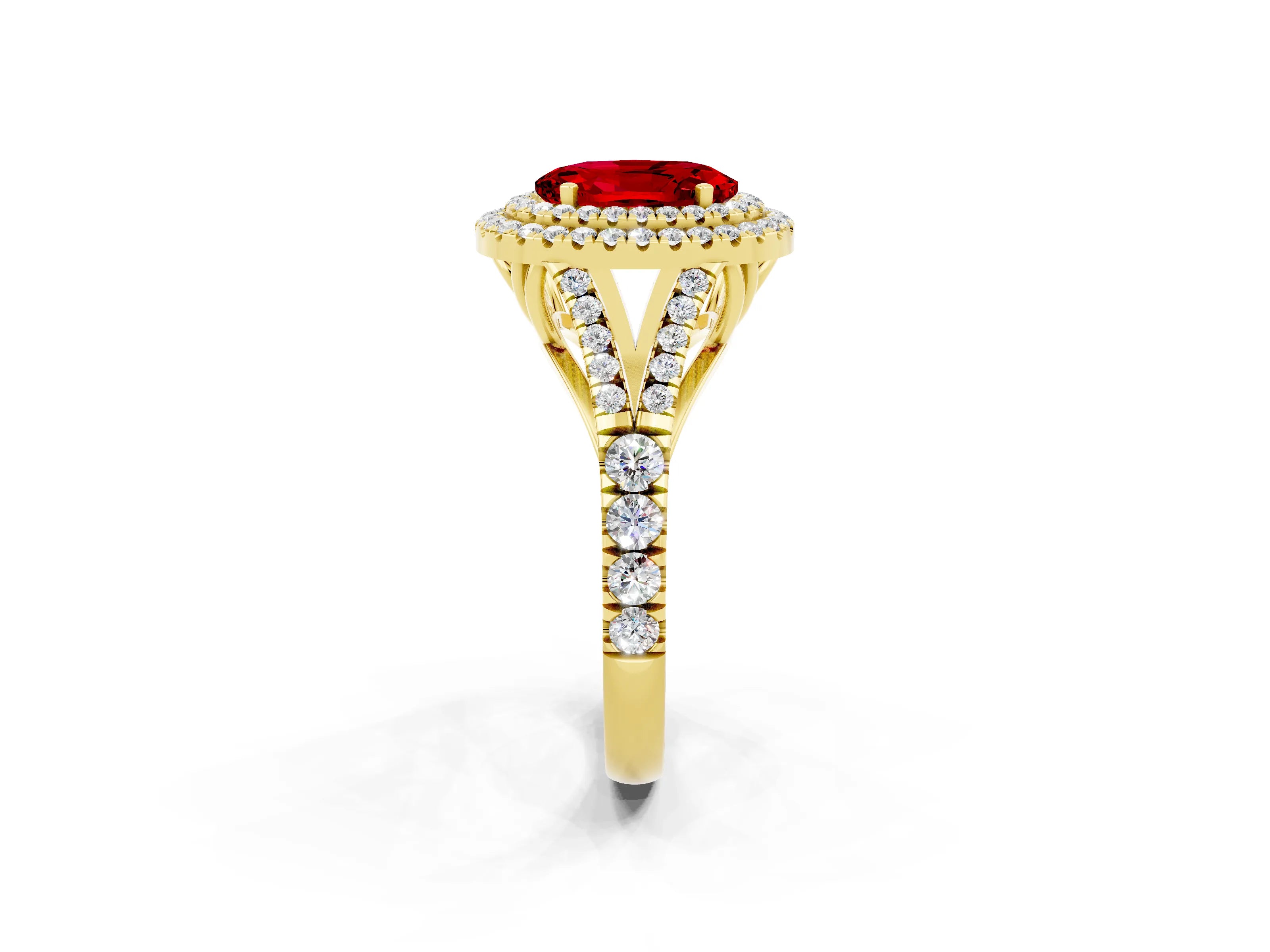 Yellow gold Double Halo Oval Cut Ruby Split Shank Engagement Ring with Four-Prong Setting_2