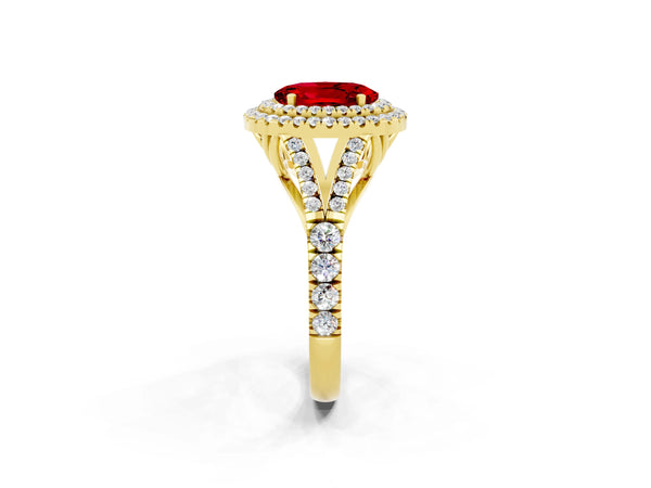 Yellow gold Double Halo Oval Cut Ruby Split Shank Engagement Ring with Four-Prong Setting