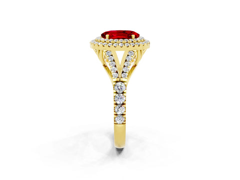 Yellow gold Double Halo Oval Cut Ruby Split Shank Engagement Ring with Four-Prong Setting_2