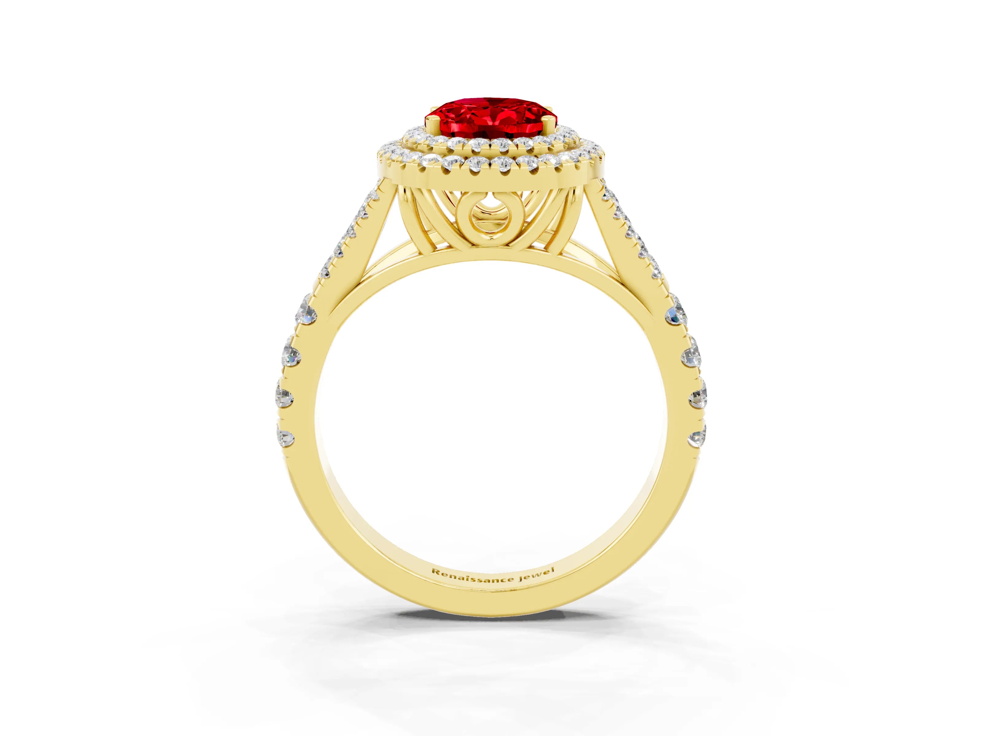 Yellow gold Double Halo Oval Cut Ruby Split Shank Engagement Ring with Four-Prong Setting_3