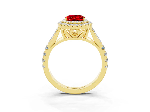Yellow gold Double Halo Oval Cut Ruby Split Shank Engagement Ring with Four-Prong Setting