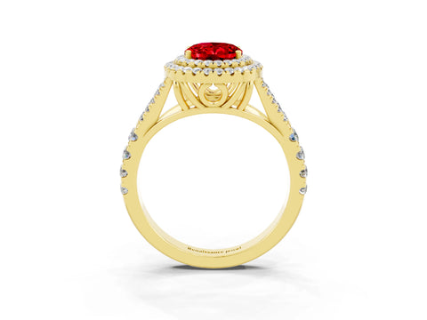 Yellow gold Double Halo Oval Cut Ruby Split Shank Engagement Ring with Four-Prong Setting_3