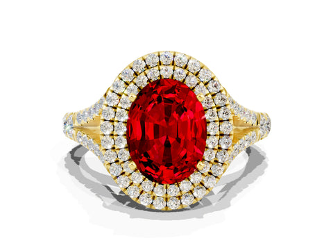 Yellow gold Double Halo Oval Cut Ruby Split Shank Engagement Ring with Four-Prong Setting