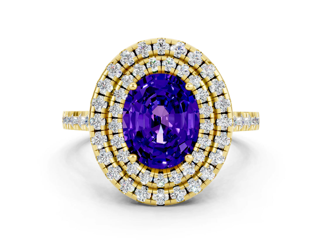 Yellow gold Double Halo Oval Cut Tanzanite Pavé Band with Four-Prong Setting
