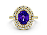 Yellow gold Double Halo Oval Cut Tanzanite Pavé Band with Four-Prong Setting
