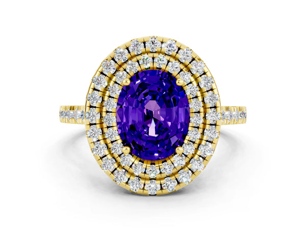 Yellow gold Double Halo Oval Cut Tanzanite Pavé Band with Four-Prong Setting