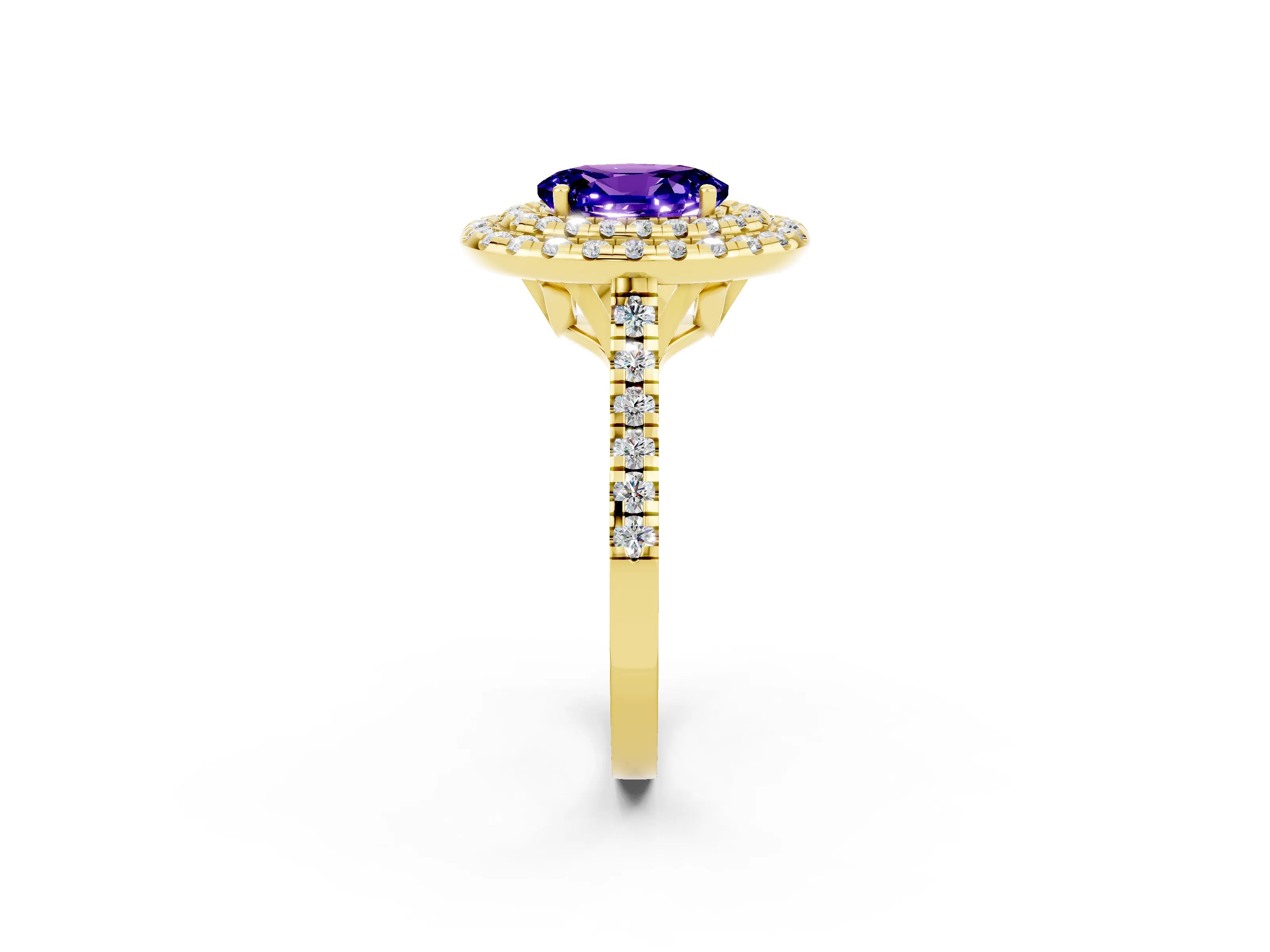 Yellow gold Double Halo Oval Cut Tanzanite Pavé Band with Four-Prong Setting_2
