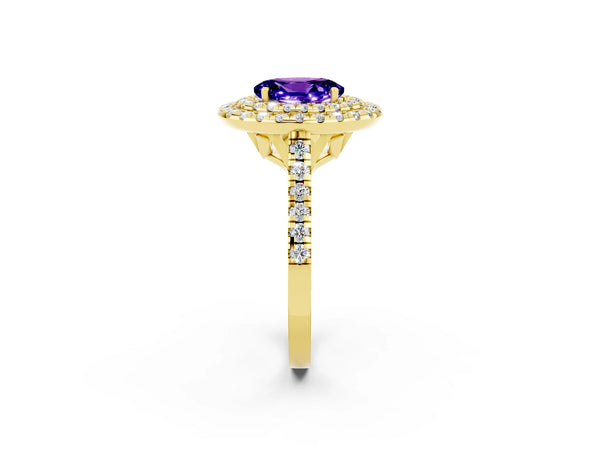 Yellow gold Double Halo Oval Cut Tanzanite Pavé Band with Four-Prong Setting