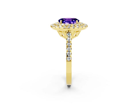 Yellow gold Double Halo Oval Cut Tanzanite Pavé Band with Four-Prong Setting_2