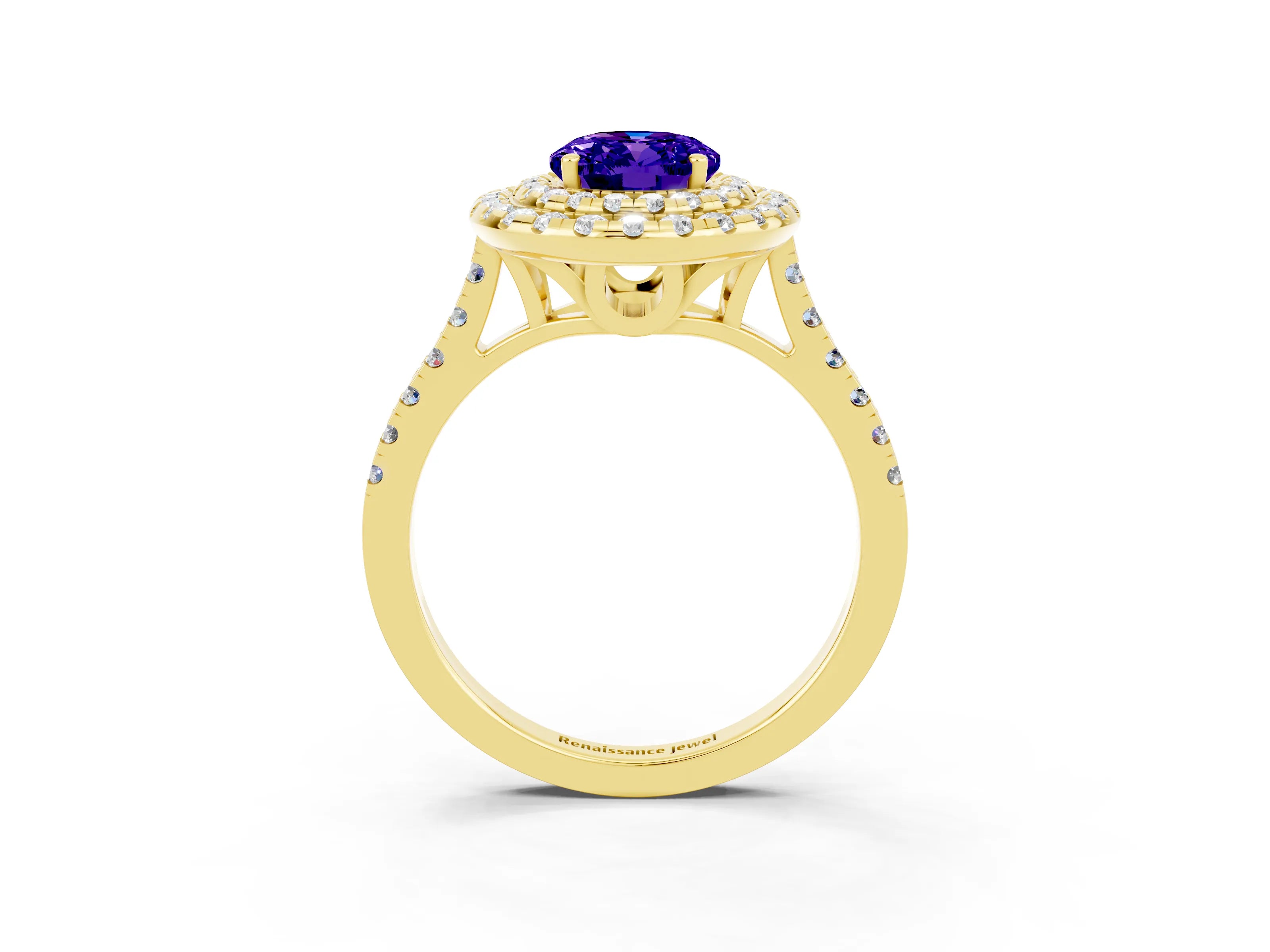 Yellow gold Double Halo Oval Cut Tanzanite Pavé Band with Four-Prong Setting_3