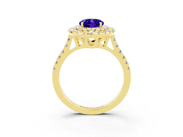 Yellow gold Double Halo Oval Cut Tanzanite Pavé Band with Four-Prong Setting