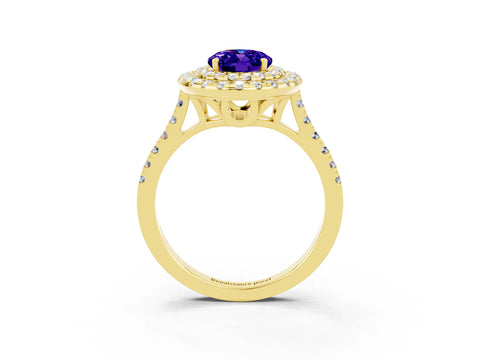 Yellow gold Double Halo Oval Cut Tanzanite Pavé Band with Four-Prong Setting_3