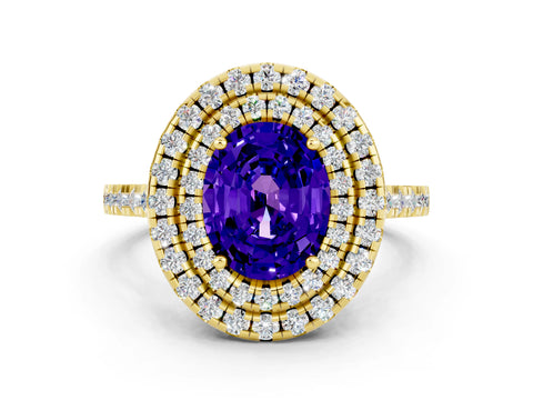 Yellow gold Double Halo Oval Cut Tanzanite Pavé Band with Four-Prong Setting