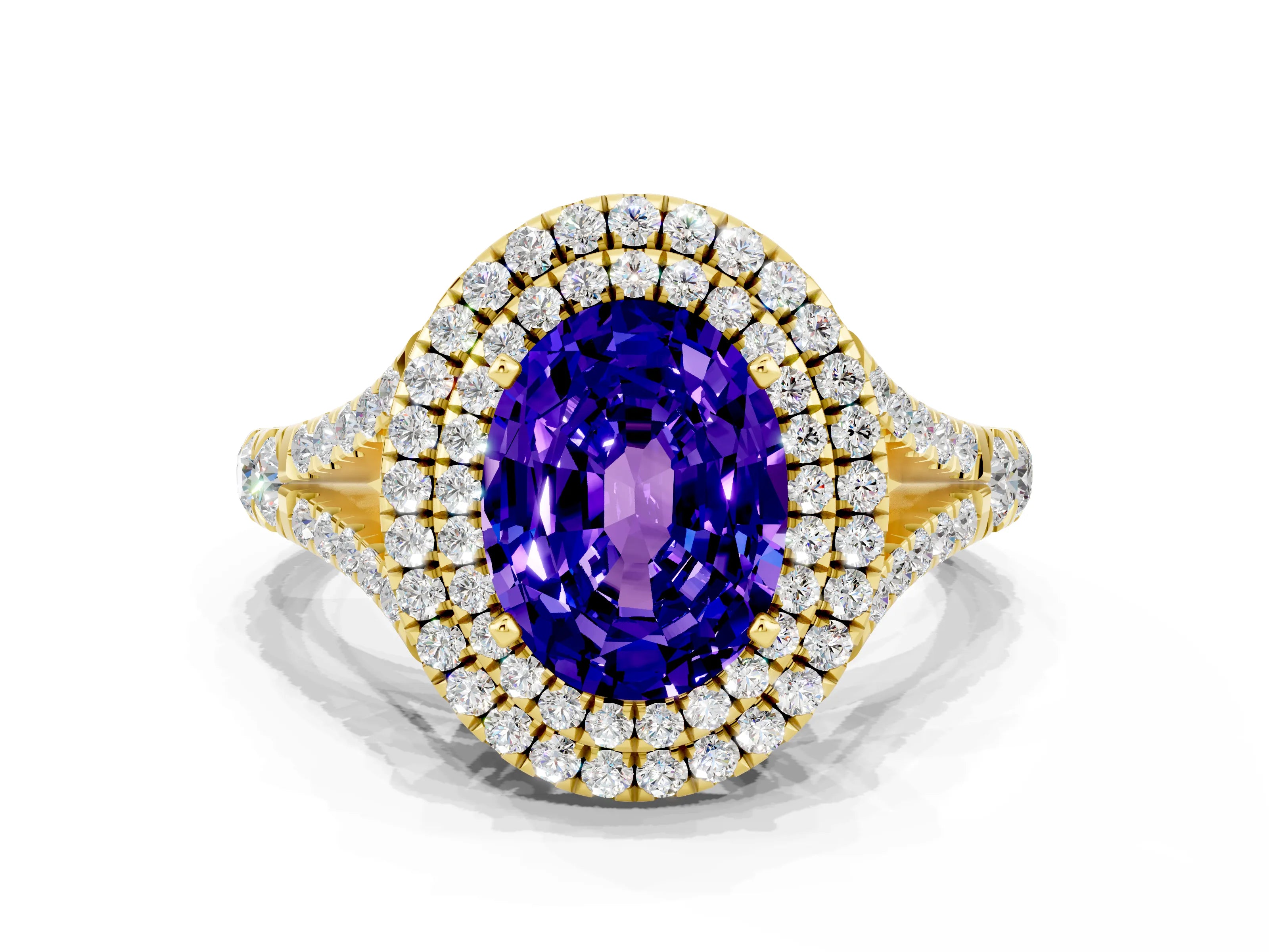 Yellow gold Double Halo Oval Cut Tanzanite Pavé Split Shank Ring with Prong Setting