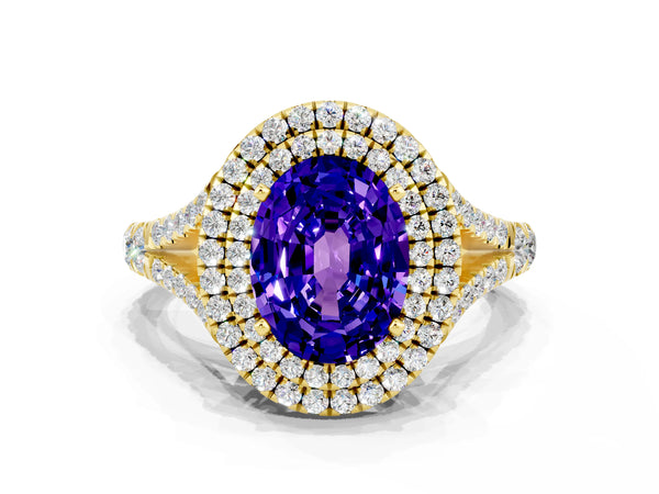 Yellow gold Double Halo Oval Cut Tanzanite Pavé Split Shank Ring with Prong Setting