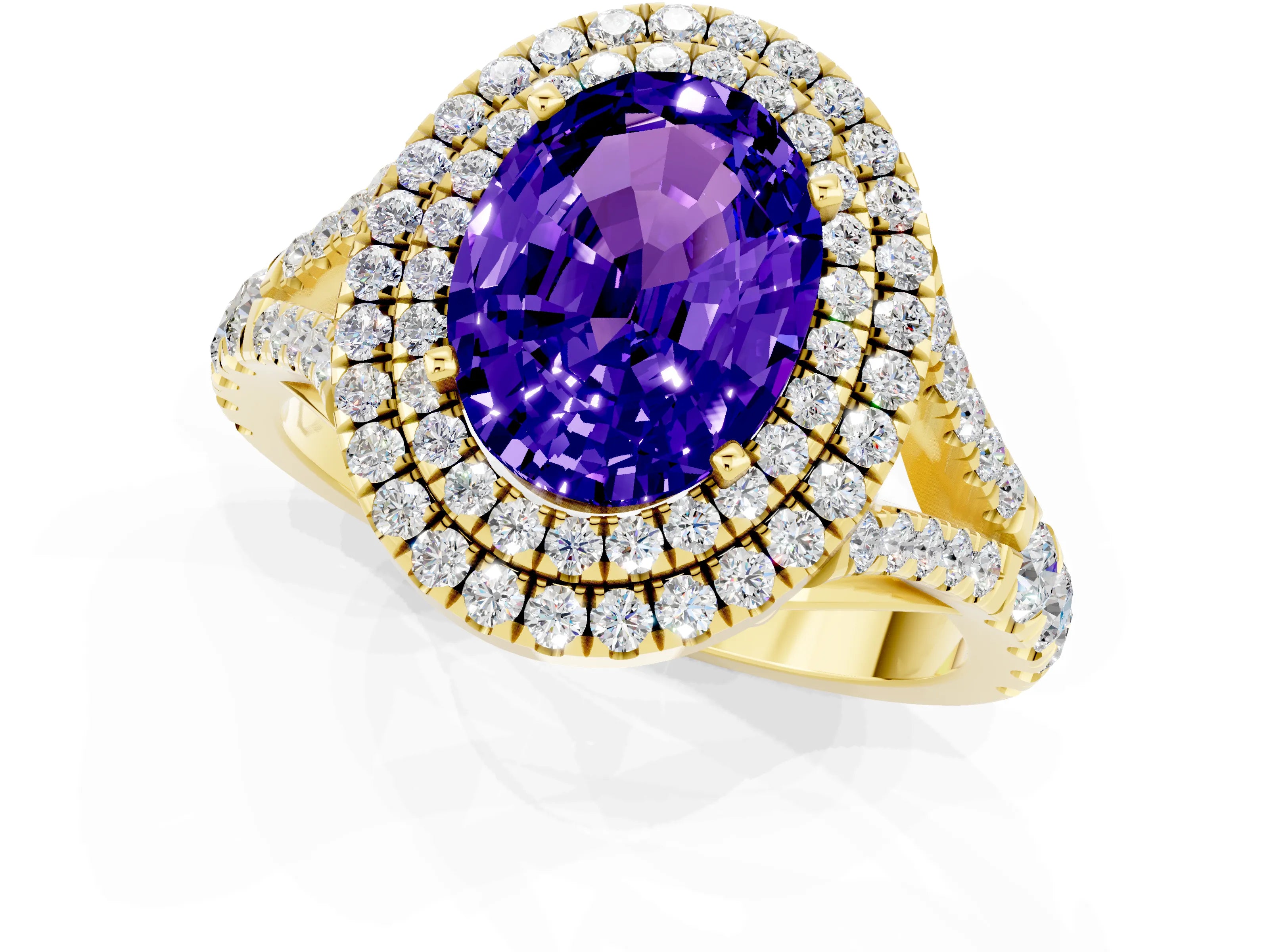 Yellow gold Double Halo Oval Cut Tanzanite Pavé Split Shank Ring with Prong Setting_1
