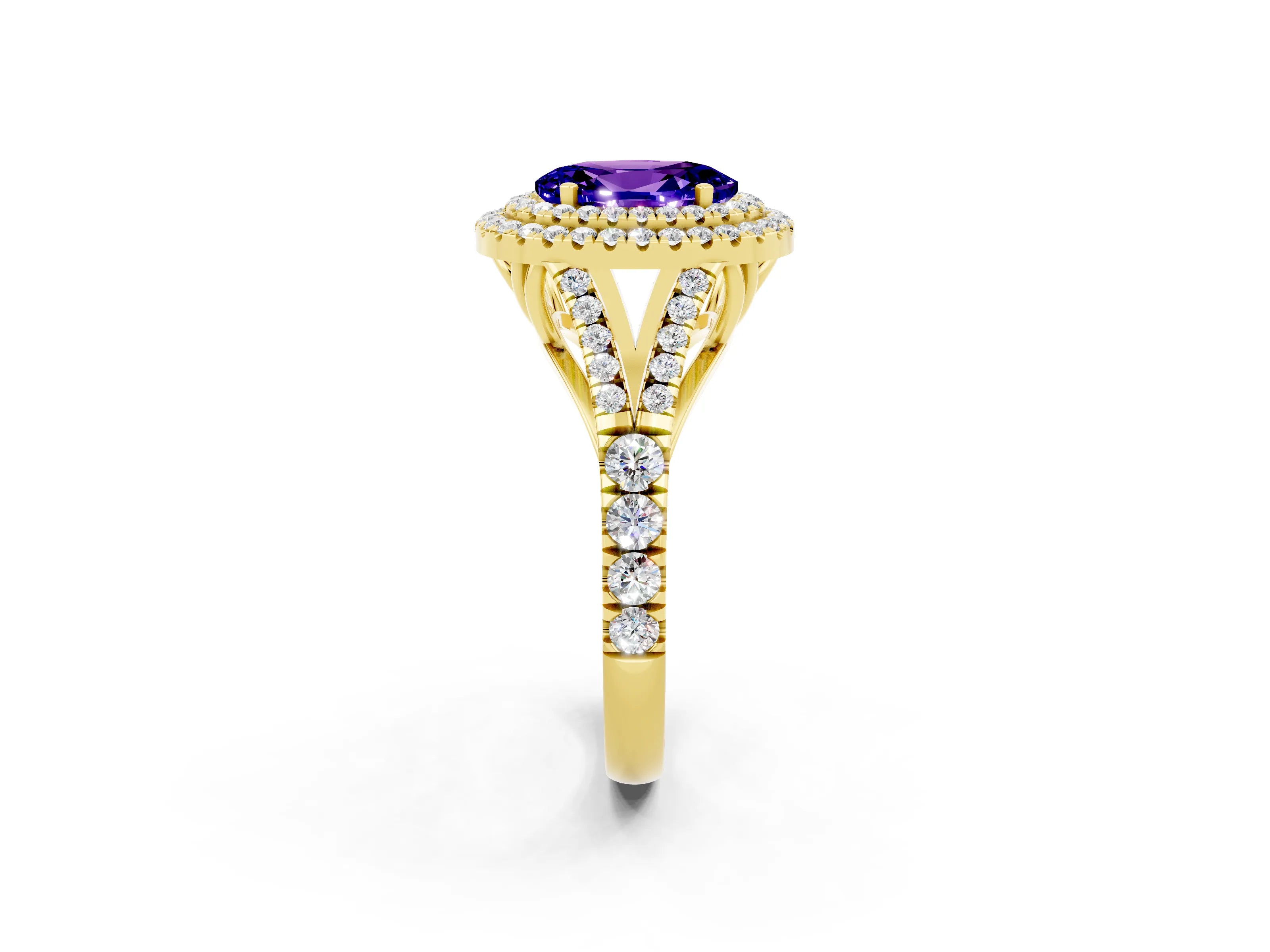 Yellow gold Double Halo Oval Cut Tanzanite Pavé Split Shank Ring with Prong Setting_2