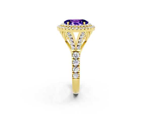 Yellow gold Double Halo Oval Cut Tanzanite Pavé Split Shank Ring with Prong Setting
