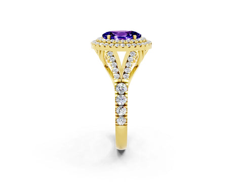Yellow gold Double Halo Oval Cut Tanzanite Pavé Split Shank Ring with Prong Setting_2