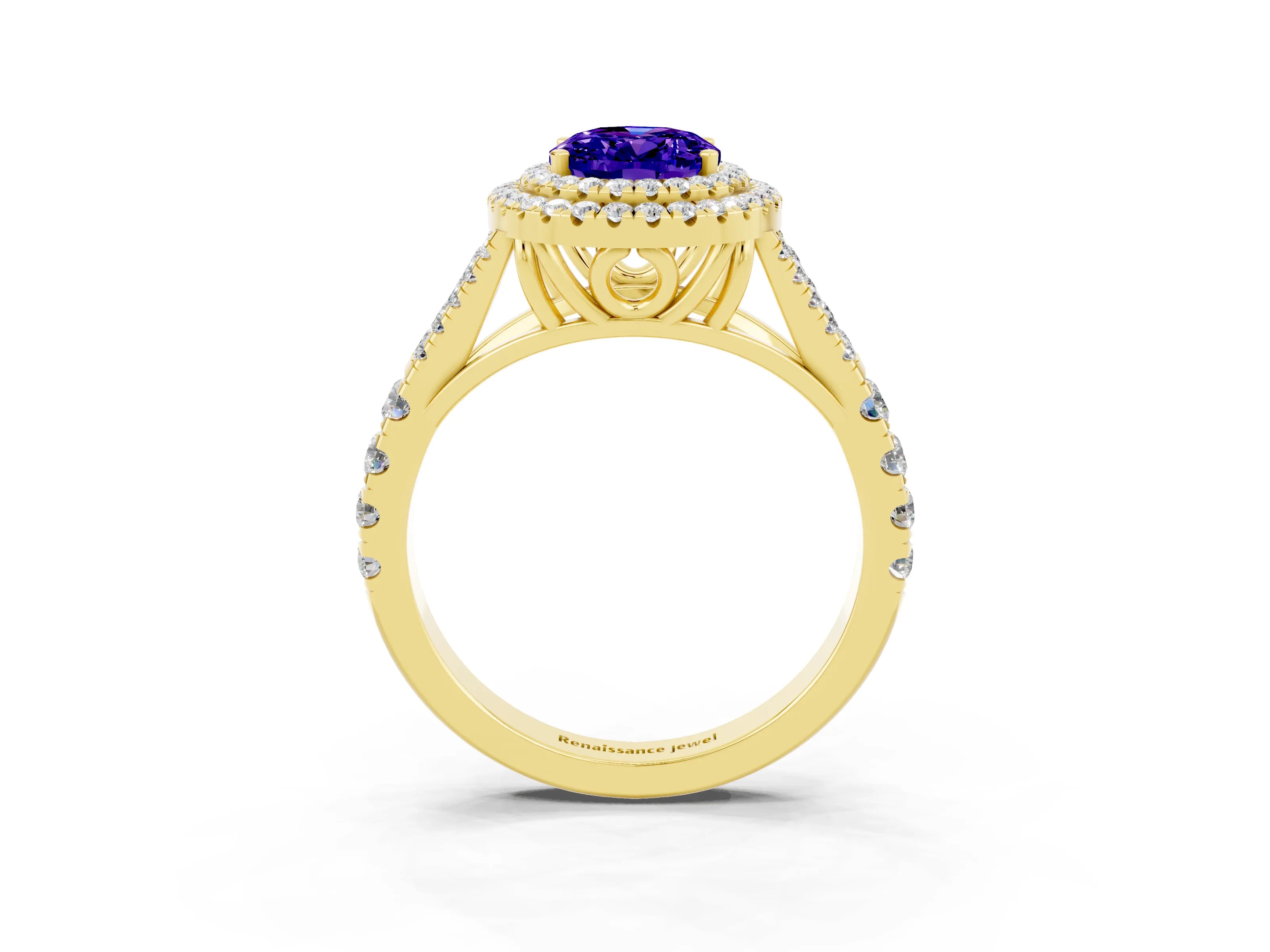 Yellow gold Double Halo Oval Cut Tanzanite Pavé Split Shank Ring with Prong Setting_3