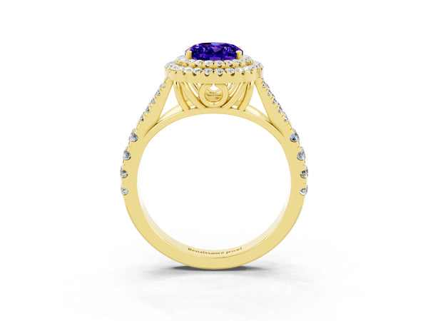 Yellow gold Double Halo Oval Cut Tanzanite Pavé Split Shank Ring with Prong Setting