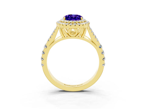 Yellow gold Double Halo Oval Cut Tanzanite Pavé Split Shank Ring with Prong Setting_3