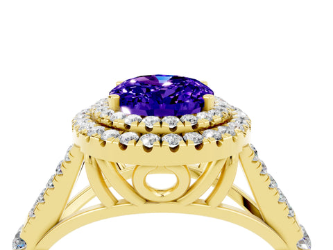 Yellow gold Double Halo Oval Cut Tanzanite Pavé Split Shank Ring with Prong Setting_4