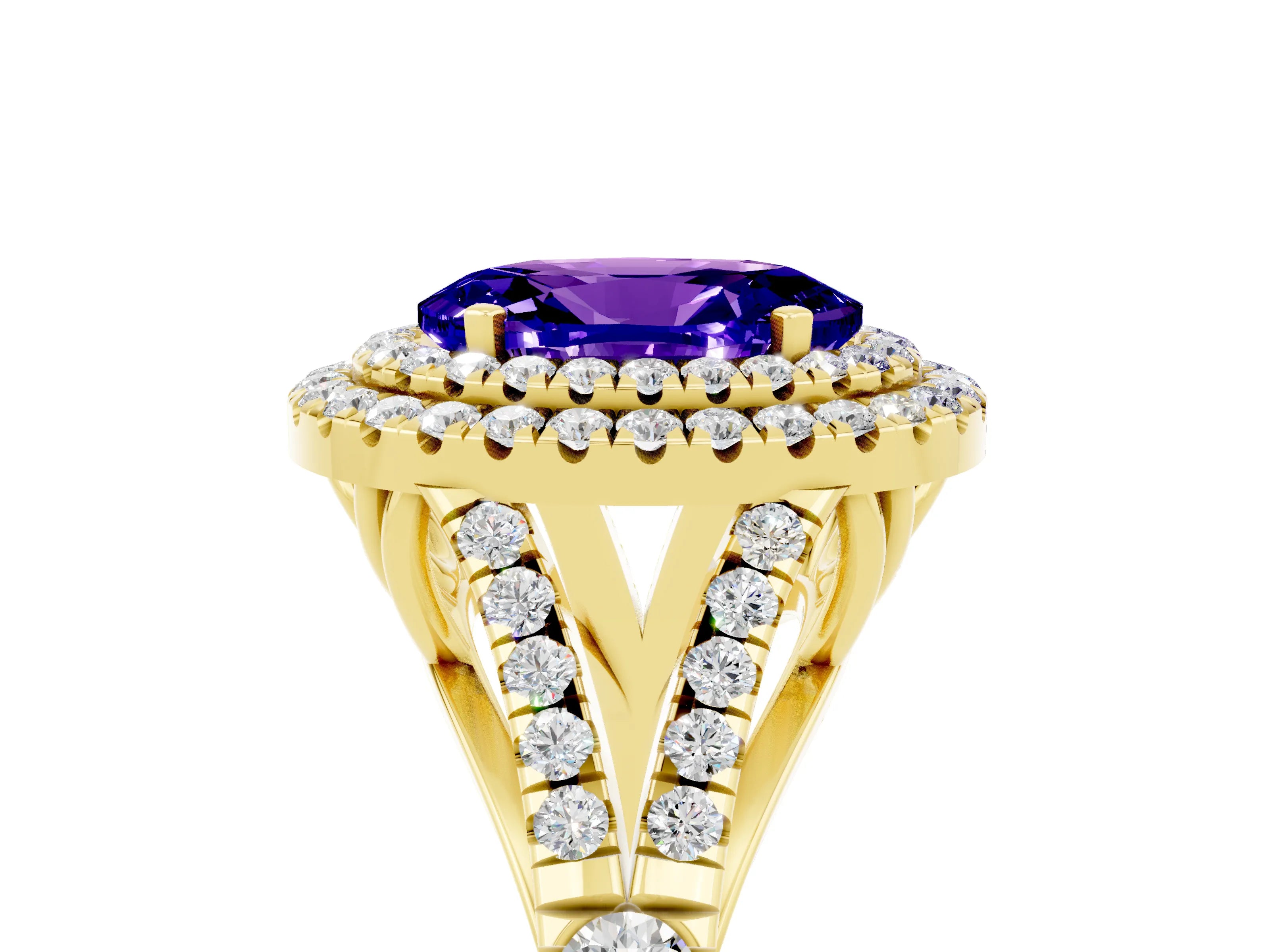 Yellow gold Double Halo Oval Cut Tanzanite Pavé Split Shank Ring with Prong Setting_5