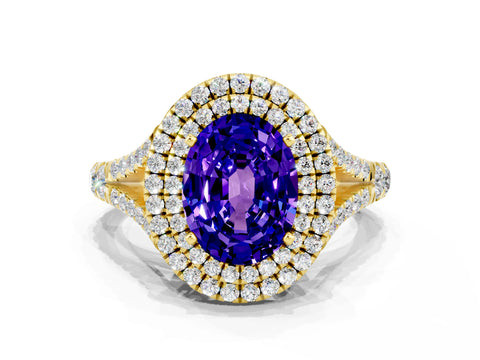Yellow gold Double Halo Oval Cut Tanzanite Pavé Split Shank Ring with Prong Setting